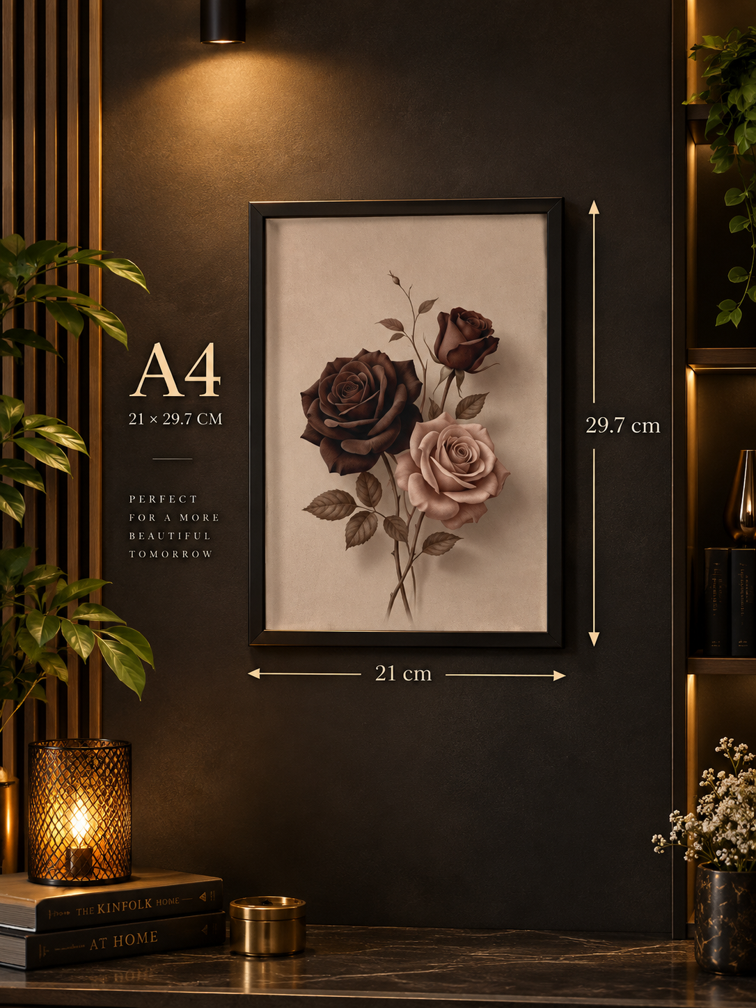 Elegant Rose Wall Art Poster – A4 Framed Floral Decor